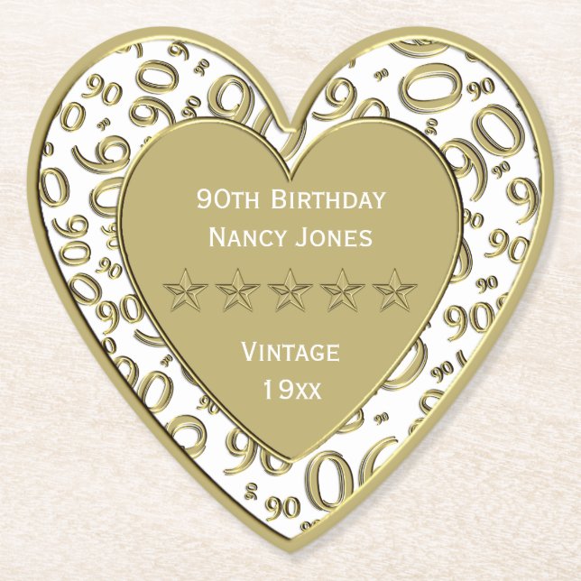 90th Birthday Party White and Gold Theme Paper Coaster (Front)