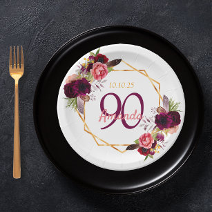 90th birthday party white gold geo floral burgundy paper plate