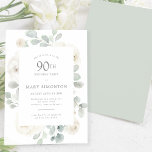 90th Birthday Party White Rose Floral Invitation<br><div class="desc">Honour a special woman with this elegant 90th Birthday party invitation. White roses nestled in soft sage green eucalyptus leaves form a modern botanical frame. All of the text can be edited,  so you can describe your special celebration perfectly</div>