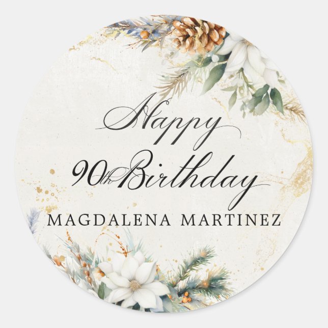90th Birthday Party White Winter Floral Custom Classic Round Sticker (Front)