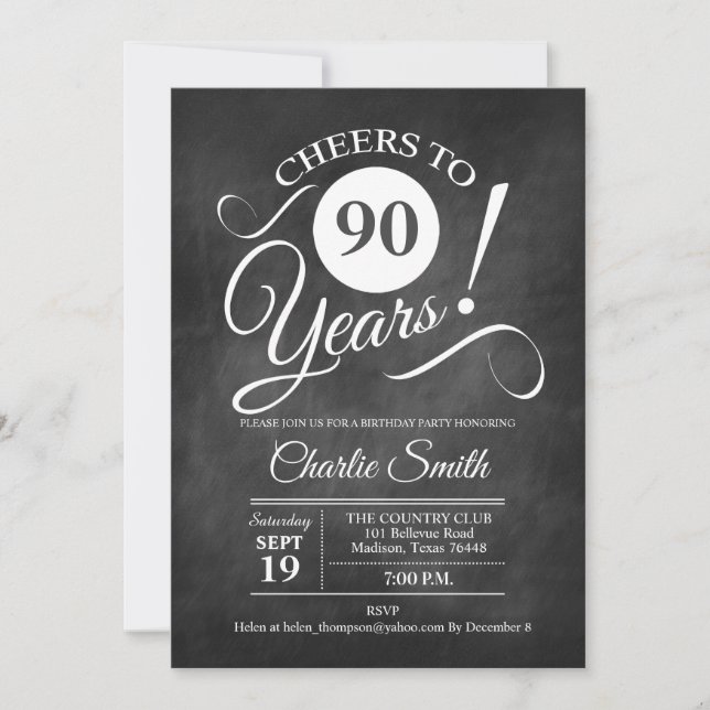 90th Birthday Party with Chalkboard Pattern Invitation (Front)