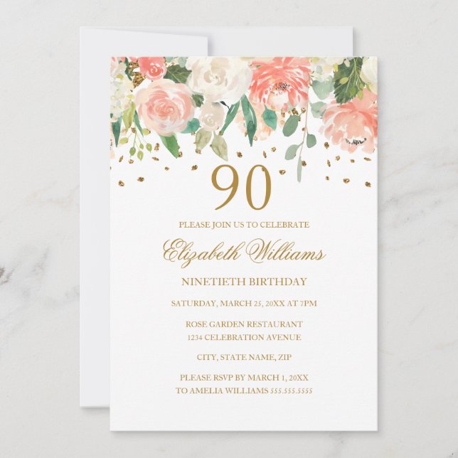 90th Birthday Peach Gold Floral Invitation (Front)