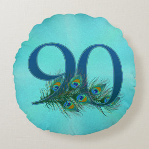 90th Birthday Peacock Feather Number Round Pillow