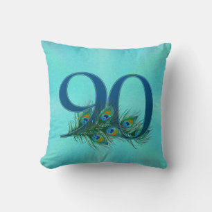 90th Birthday Peacock Feather Number Throw Pillow