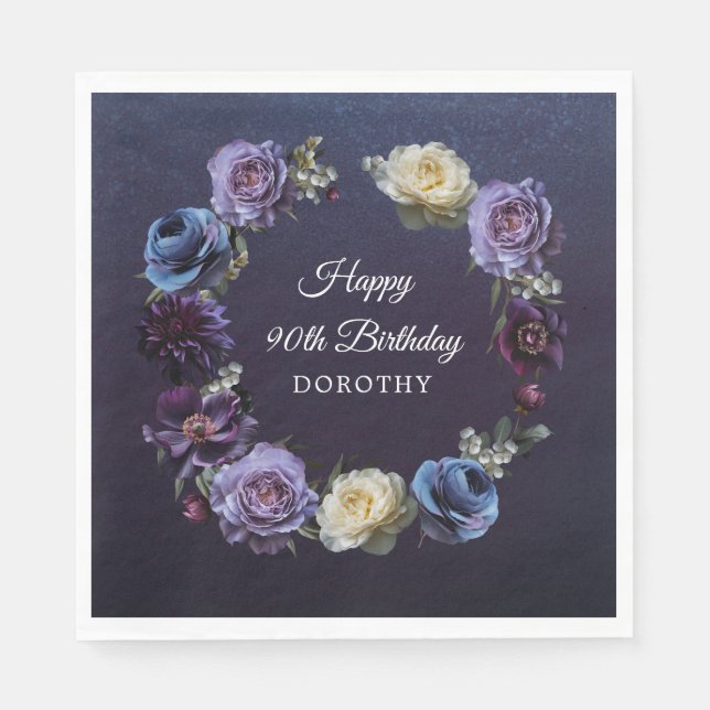 90th Birthday Personalized Moody Purple Flower Napkin (Front)