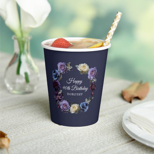 90th Birthday Personalized Moody Purple Flower Paper Cups (Insitu)