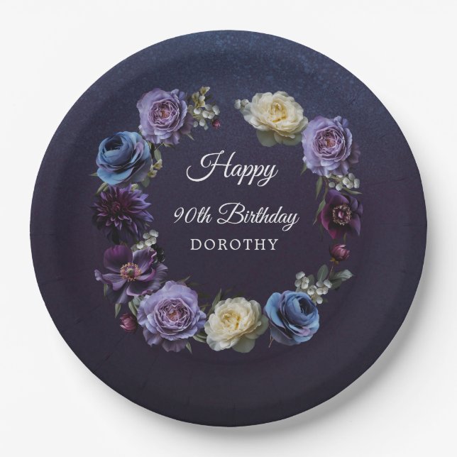 90th Birthday Personalized Moody Purple Flower Paper Plate (Front)