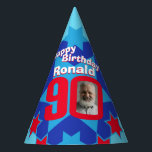 90th birthday personalized photo star name hat<br><div class="desc">Bright star pattern add your own photo and name ninieth birthday party hats. Ideal for a special 90th birthday party celebration. Colourful red and blue star pattern design. Background colour can also be changed for your own choice currently light blue. Original art and design by Sarah Trett. www.sarahtrett.com for www.mylittleeden.com...</div>