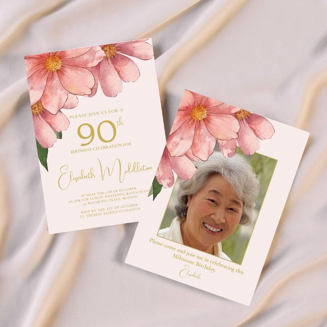 90th Birthday Photo Blush Pink Gold Watercolor Invitation (Creator Uploaded)