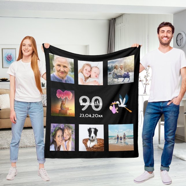 90th birthday photo collage black fleece blanket (Creator Uploaded)