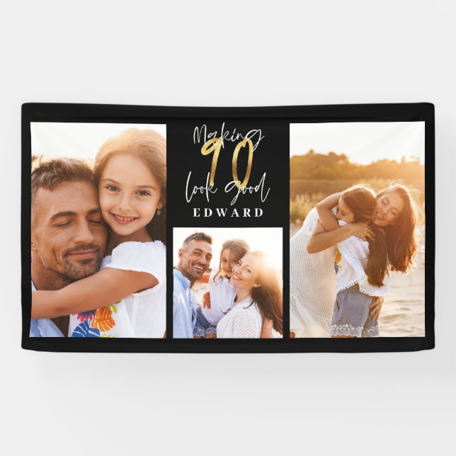 90th birthday photo collage black gold typography  banner (Horizontal)