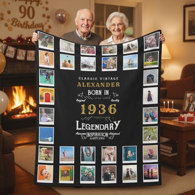 90th Birthday Photo Collage Father Grandfather Fleece Blanket (1936 fleece blanket held by a couple in a room.)