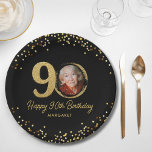 90th Birthday Photo Elegant Black Gold Glitter Paper Plate<br><div class="desc">Celebrate in style with these fun and festive 90th birthday custom paper plates featuring a faux gold confetti glitter design, the number 90 and your favourite birthday photo. Trendy and chic yet elegant and classic - the perfect touch to make this milestone birthday extra special. Be sure to check out...</div>