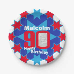 90th birthday photo name blue star paper plate