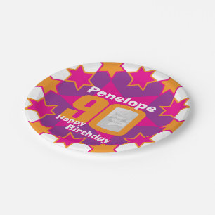 90th birthday photo name pink star paper plate