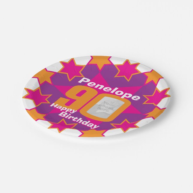 90th birthday photo name pink star paper plate (Angled)