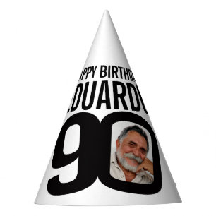 90th birthday photo personalized white black mono party hat