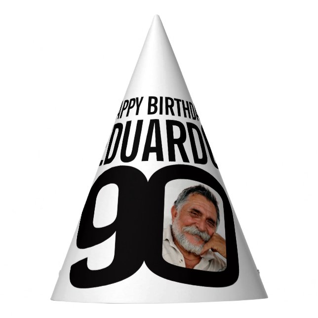 90th birthday photo personalized white black mono party hat (Front)