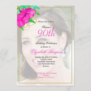 90th  Birthday Photo Pink  Gold Modern Elegant Invitation