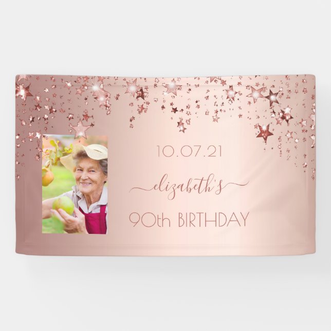 90th birthday photo rose gold pink stars banner (Horizontal)