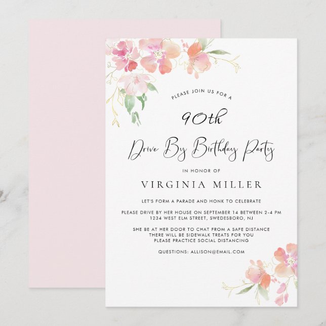 90th Birthday Pink and Gold Floral Drive By Party Invitation (Front/Back)