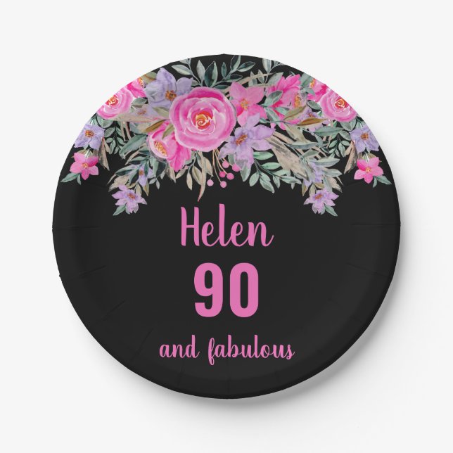 90th birthday pink black watercolor floral  paper plate (Front)