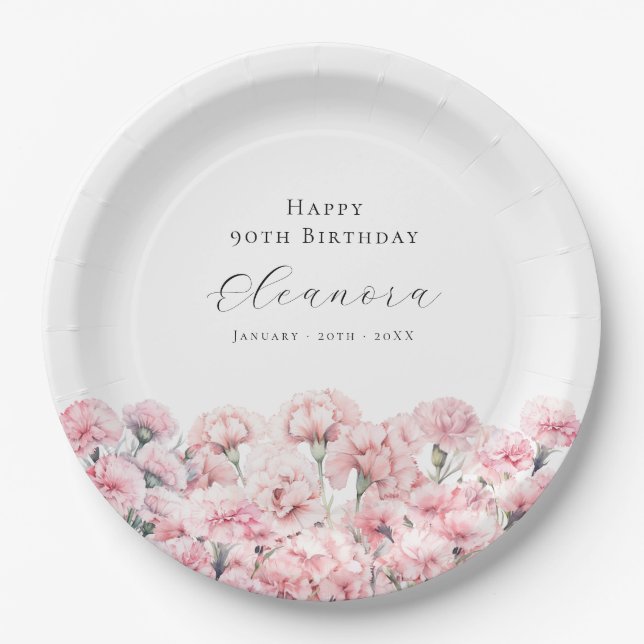 90th Birthday Pink Carnation January Birth Flower Paper Plate (Front)