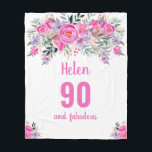 90th birthday pink floral  fleece blanket<br><div class="desc">Elegant design for a 90th birthday party with a pink "90 and fabulous" and a scripted name embellished by a feminine watercolor flowers on a white background. Customize age,  text,  name and background colour.</div>