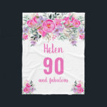 90th birthday pink floral  fleece blanket<br><div class="desc">Elegant design for a 90th birthday party with a pink "90 and fabulous" and a scripted name embellished by a feminine watercolor flowers on a white background. Customize age,  text,  name and background colour.</div>