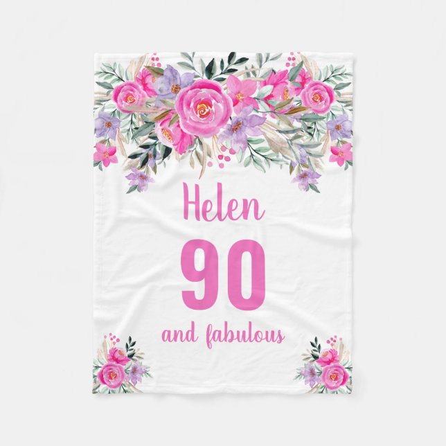 90th birthday pink floral  fleece blanket (Front)