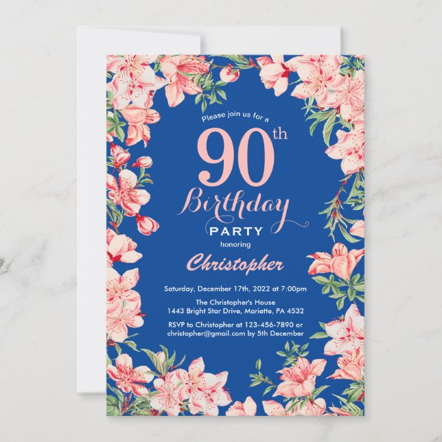 90th Birthday Pink Floral Flowers Blue Invitation (Front)