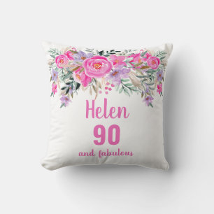 90th birthday pink floral name throw pillow