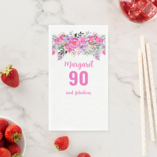 90th birthday pink floral party napkin