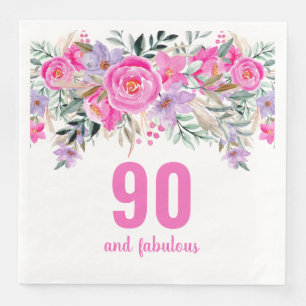 90th birthday pink floral party napkins
