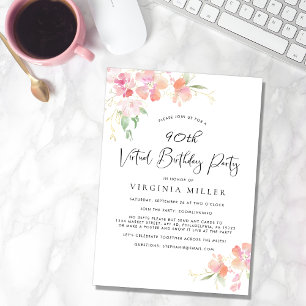 90th Birthday Pink Floral Watercolor Virtual Party Invitation