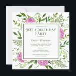 90th Birthday Pink Hydrangeas Card Request<br><div class="desc">This pink hydrangea 90th birthday card request invitation is whimsical and stunning! With its watercolor multi-hued pink hydrangeas, wispy natural greenery it is perfect for celebrating your loved one. The back has a beautifully worded fully customizable card request and a lovely coordinating pink hydrangeas bouquet. By selecting Personalize this template...</div>