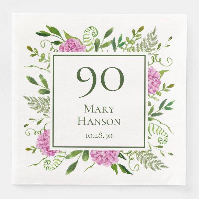 90th Birthday Pink Hydrangeas Napkin (Front)
