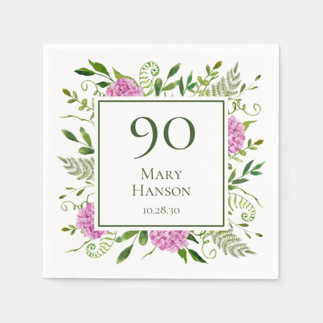 90th Birthday Pink Hydrangeas Napkin (Front)