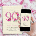 90th Birthday Pink Peony Floral Number 90 Invitation<br><div class="desc">90th birthday party invitation with floral number 90. This elegant vintage design features a pink number 90 decorated with pink peony flowers,  roses and eucalyptus on a subtle striped background. Beautifully feminine with country garden charm - perfect for a special lady celebrating a 90th birthday.</div>