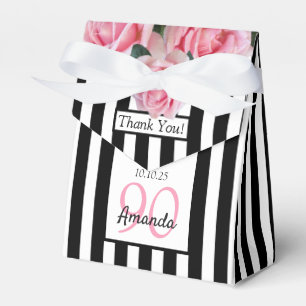 90th birthday pink roses on black white stripes favor box