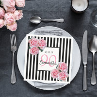 90th birthday pink roses on black white stripes