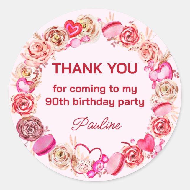 90th Birthday Pink Roses Swirly Heart  Classic Round Sticker (Front)