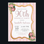 90th Birthday Pink Stripe Floral Gold Glitter Chic Invitation<br><div class="desc">90th Vintage Shabby Chic Blush Pink Stripe Gold Glitter Floral Birthday Party Invitation</div>