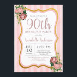90th Birthday Pink Stripe Floral Gold Glitter Chic Invitation<br><div class="desc">90th Vintage Shabby Chic Blush Pink Stripe Gold Glitter Floral Birthday Party Invitation</div>