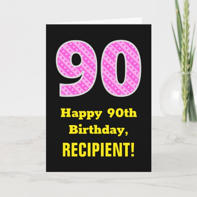 90th Birthday: Pink Stripes and Hearts "90" + Name Card (Front)