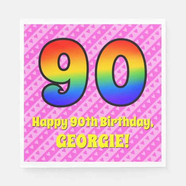 90th Birthday: Pink Stripes & Hearts, Rainbow # 90 Napkin (Front)