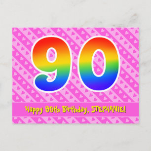 90th Birthday: Pink Stripes & Hearts, Rainbow 90 Postcard