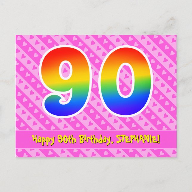 90th Birthday: Pink Stripes & Hearts, Rainbow 90 Postcard (Front)