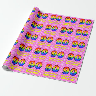 90th Birthday: Pink Stripes & Hearts, Rainbow # 90 Wrapping Paper