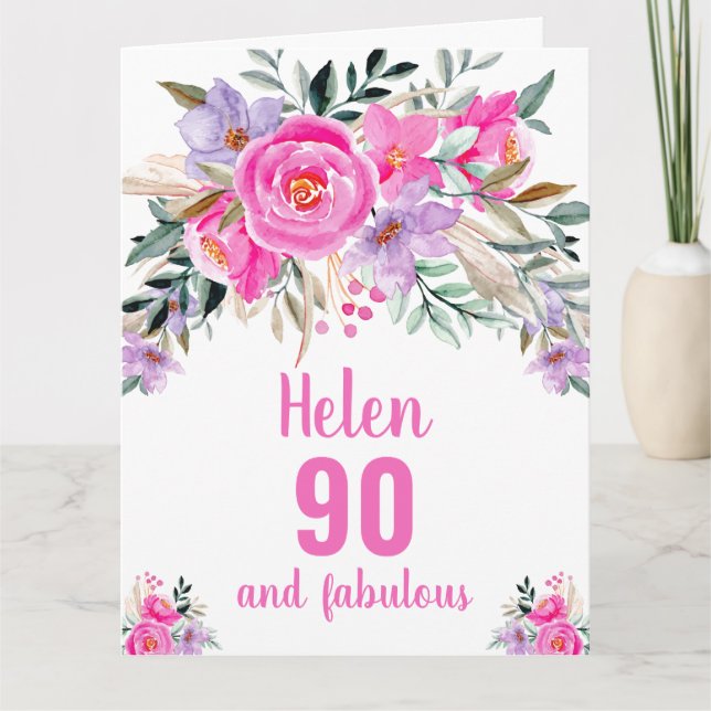90th birthday pink watercolor floral card (Front)